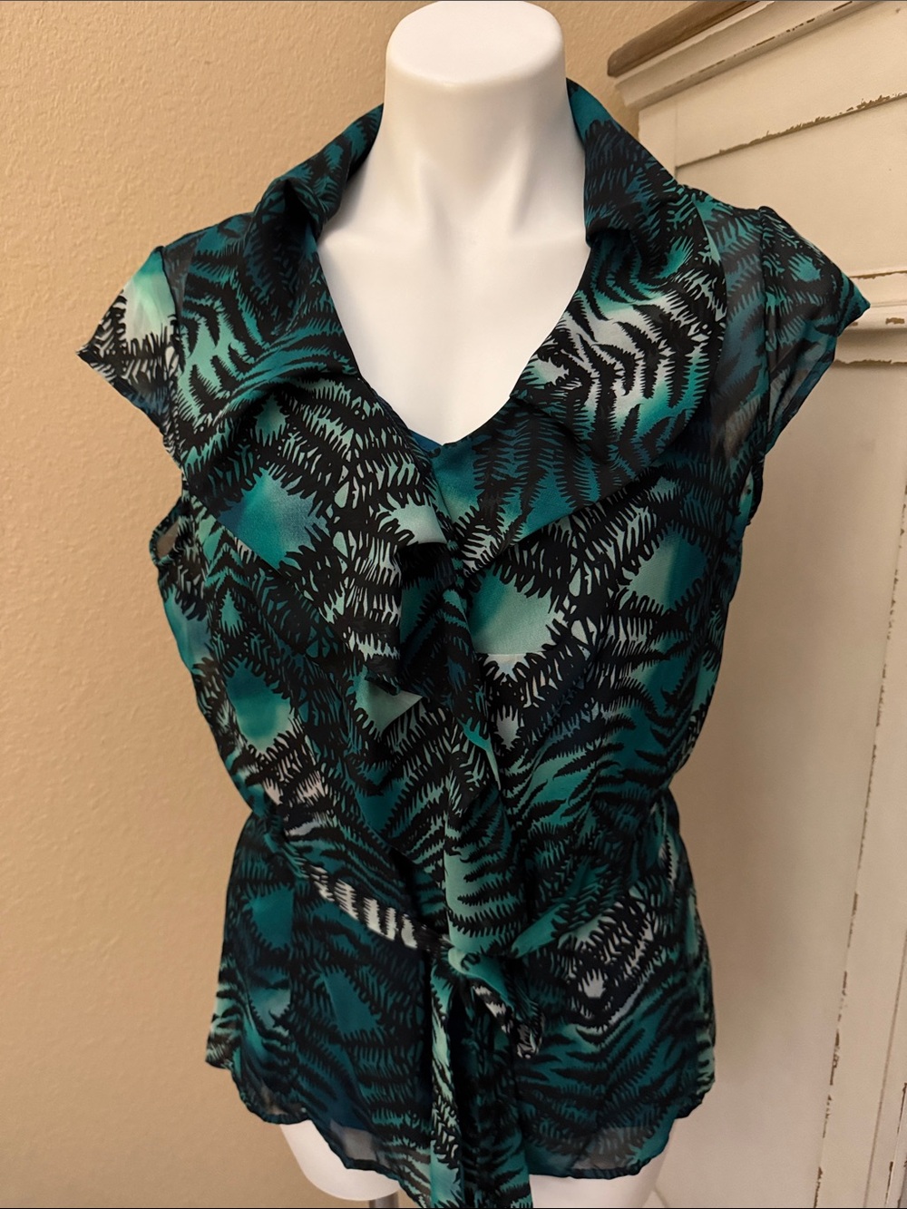 Worthington Teal and Black Ruffle Tie-Front Blouse